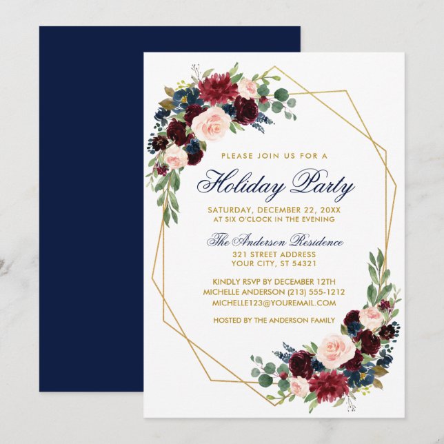 Invitation Aquarelle Floral Gold Fête Bleu (Devant / Derrière)