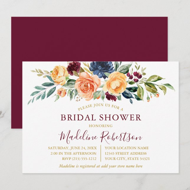 Invitation Aquarelle Floral Gold Fête des mariées Bourgogne (Devant / Derrière)