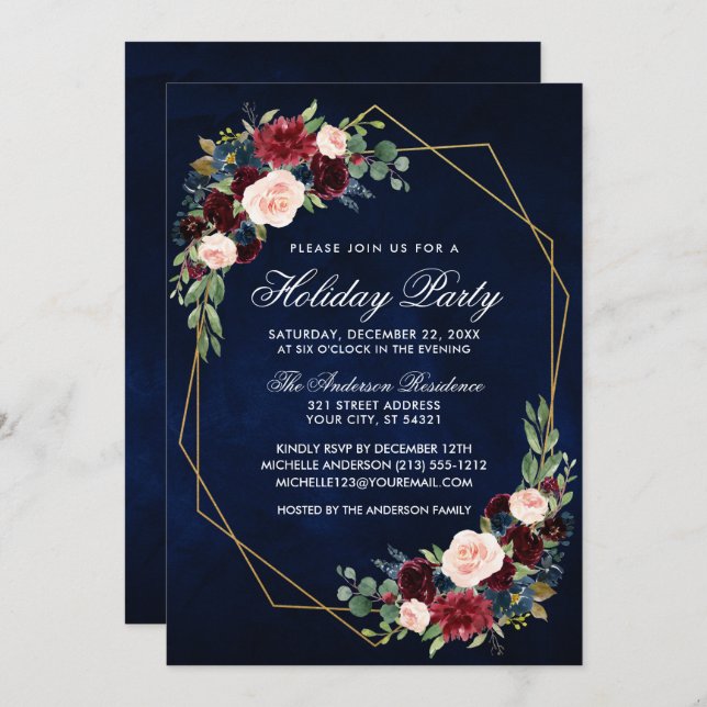 Invitation Aquarelle Floral Gold Frame Fête Fête Bleu (Devant / Derrière)