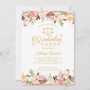 Invitation Aquarelle Floral Gold Law School Graduation Photo