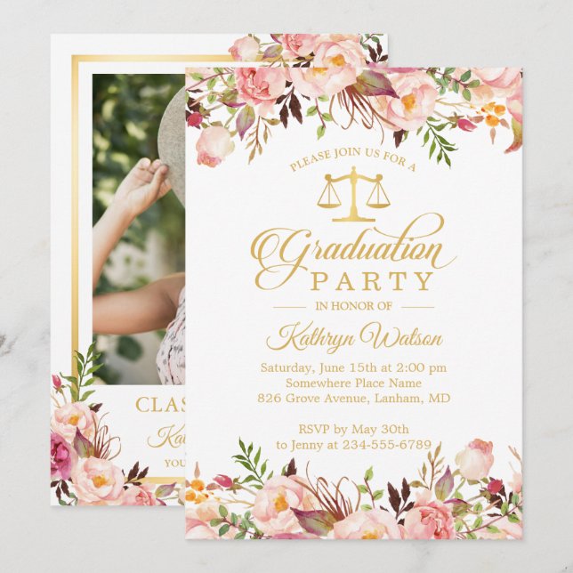 Invitation Aquarelle Floral Gold Law School Graduation Photo (Devant / Derrière)