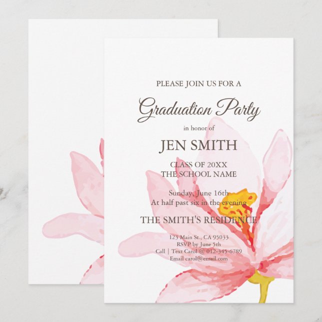 Invitation Aquarelle Floral Graduation Party Invitation. (Devant / Derrière)