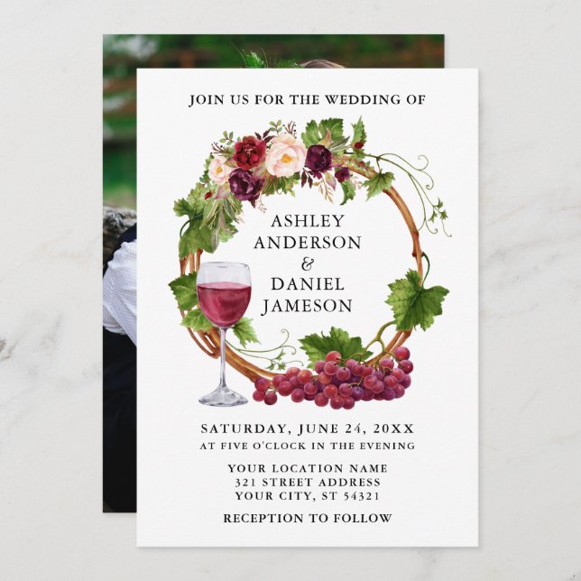 Invitation Aquarelle Floral Graphe Vins Wreath Photo Mariage (Devant / Derrière)