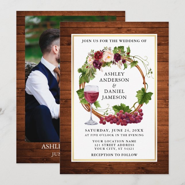 Invitation Aquarelle Floral Grappes Wreath Photo Bois Mariage (Devant / Derrière)