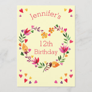 Invitation Aquarelle Floral Heart Wreath Girl 12e anniversair