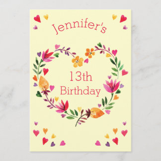 Invitation Aquarelle Floral Heart Wreath Girl 13e anniversair