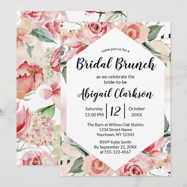 Invitation Aquarelle Floral Hexagon Bridal Brunch Douche (Devant / Derrière)