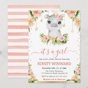 Invitation Aquarelle Floral Hippo Baby shower fille