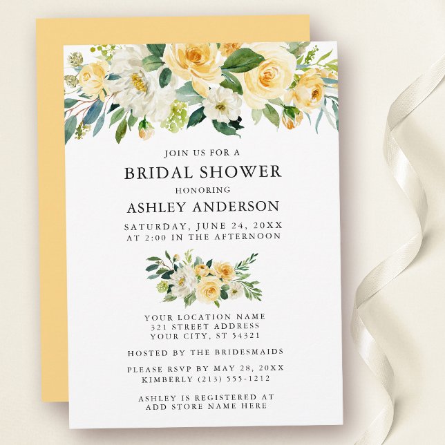 Invitation Aquarelle Floral Jaune Fête des mariées élégant (Customize to change text color, text style or color of back of card.)