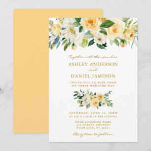 Invitation Aquarelle Floral Jaune Vert Mariage or