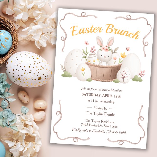 Invitation Aquarelle Floral Joli Bunny Pâques Brunch (Créateur téléchargé)