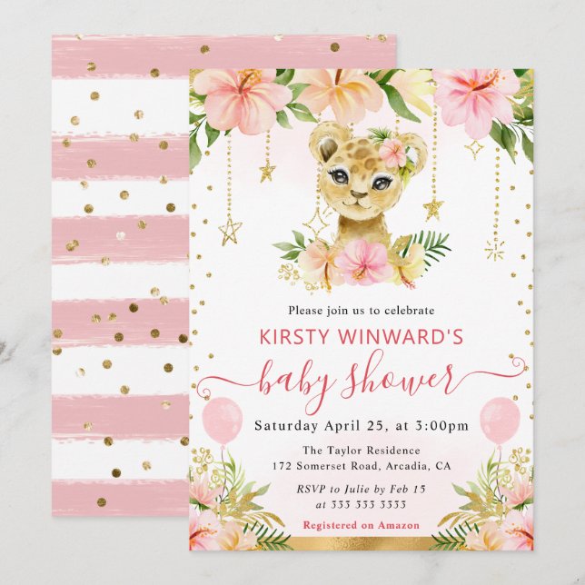 Invitation Aquarelle Floral Jungle Lion Baby shower Cub (Devant / Derrière)