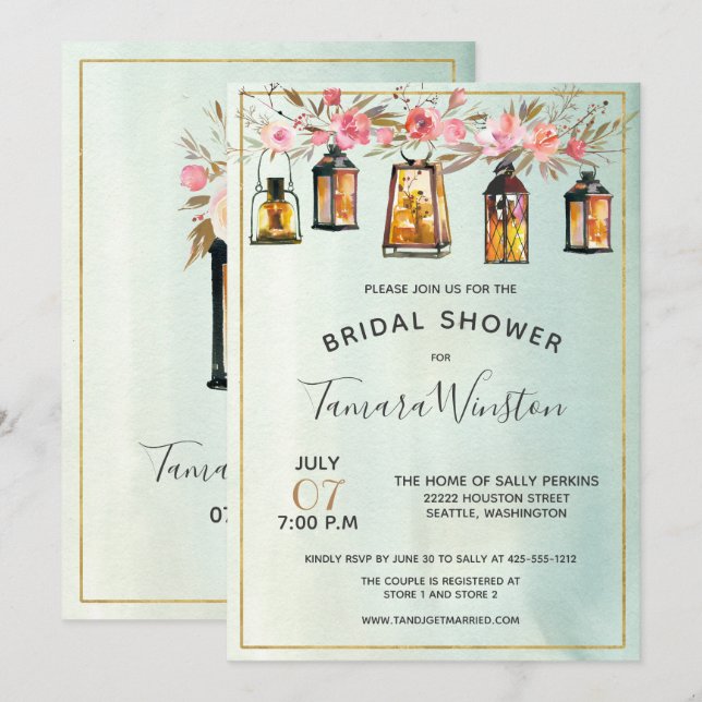 Invitation Aquarelle Floral Lanternes Rose Fête des mariées o (Devant / Derrière)