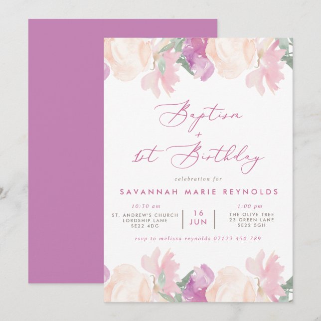 Invitation Aquarelle Floral Lilac Baptême & 1er Anniversaire (Devant / Derrière)