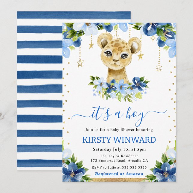 Invitation Aquarelle Floral Lion Cub Baby shower garçon (Devant / Derrière)