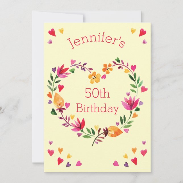 Invitation Aquarelle Floral Love Heart Wreath 50e anniversair (Devant)