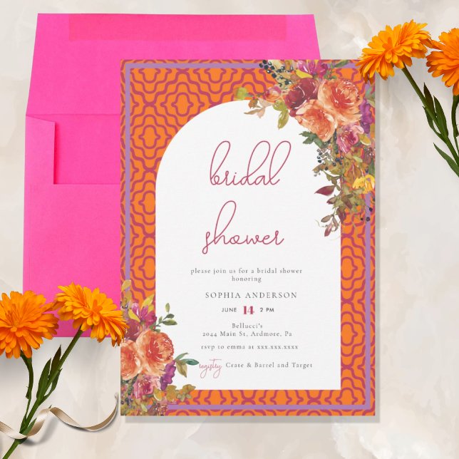 Invitation Aquarelle Floral Magenta Fuchsia Fête des mariées (Créateur téléchargé)