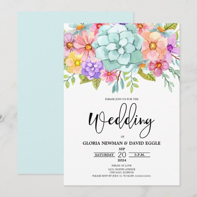 Invitation Aquarelle Floral Mariage (Devant / Derrière)