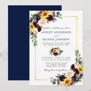 Invitation Aquarelle Floral Mariage Bleu Gold Frame