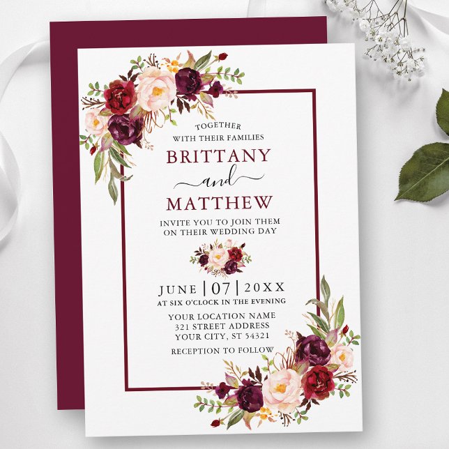 Invitation Aquarelle Floral Mariage Bourgogne Cadre (Customize to change text color, style, add text & photos to back or change color of back of card.)