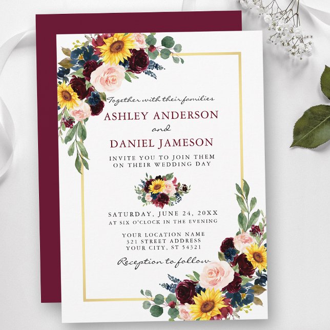 Invitation Aquarelle Floral Mariage Bourgogne Gold Frame (Customize to change text color, style, add text & photos to back or change color of back of card.)