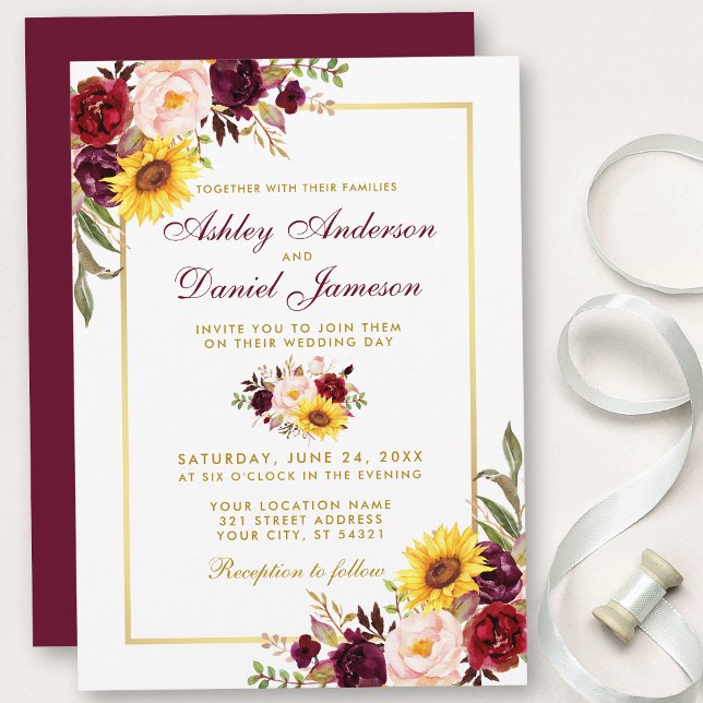 Invitation Aquarelle Floral Mariage Bourgogne Or (Customize to change text color, style, add text & photos to back or change color of back of card.)