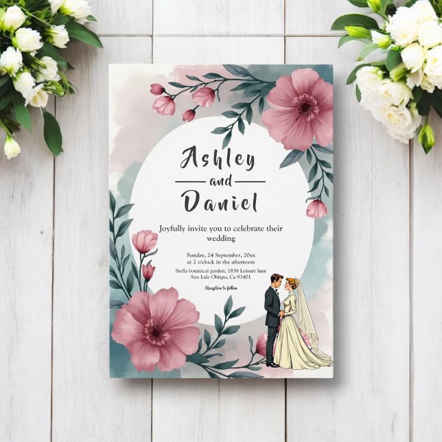 Invitation Aquarelle Floral Mariage Et Groom Élégant Mariage (Créateur téléchargé)