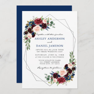 Invitation Aquarelle Floral Mariage Géométrique Argent