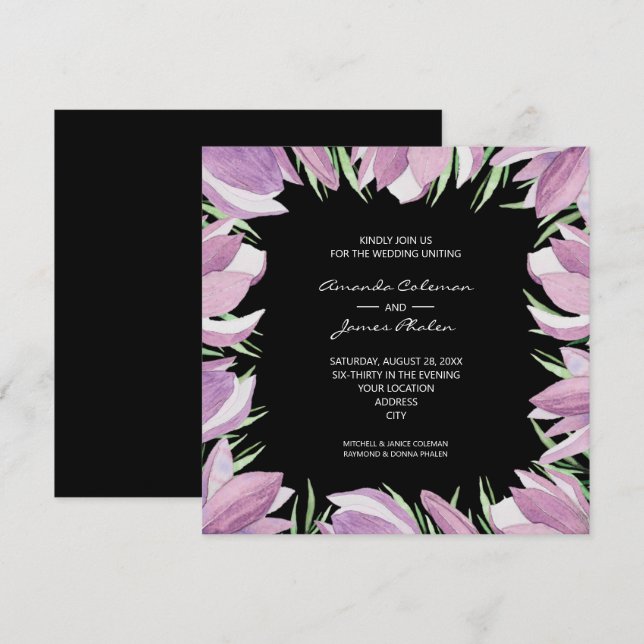 Invitation Aquarelle Floral Mariage noir (Devant / Derrière)