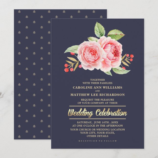 Invitation Aquarelle Floral Marine Mariage bleu (Devant / Derrière)
