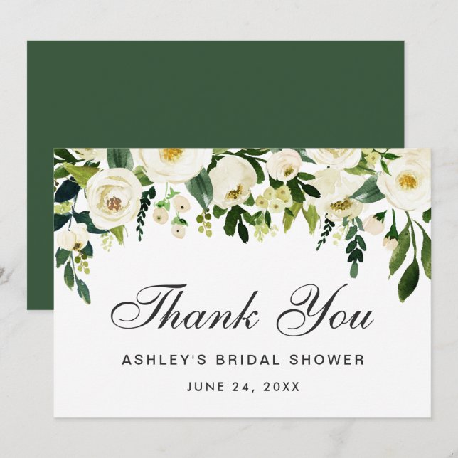 Invitation Aquarelle Floral Merci de Fête des mariées vert (Devant / Derrière)
