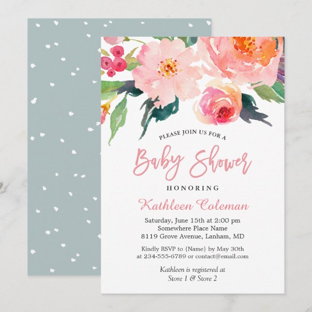 Invitation Aquarelle Floral Moderne Baby shower Classique (Devant / Derrière)