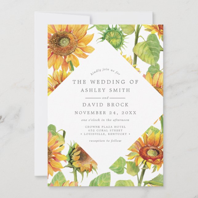 Invitation Aquarelle Floral Motif Mariage de tournesol (Devant)