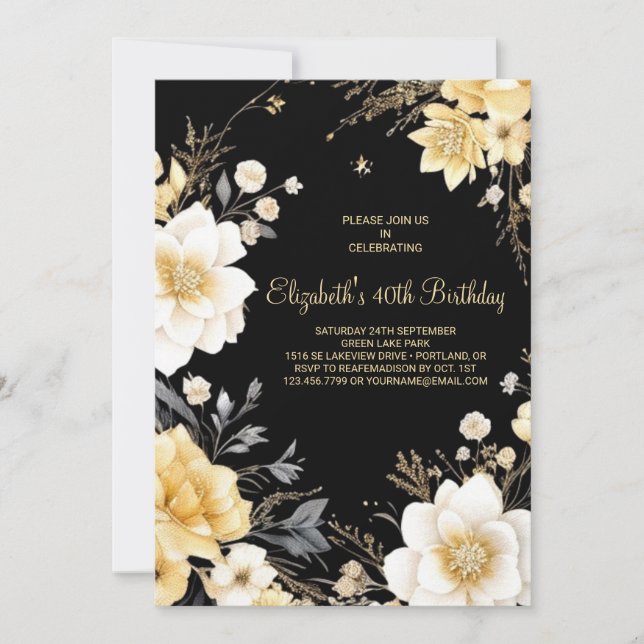 Invitation Aquarelle Floral Or Elégant 40e anniversaire (Devant)