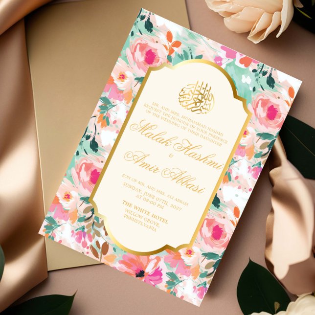 Invitation Aquarelle Floral Or islamique Mariage musulman (Créateur téléchargé)