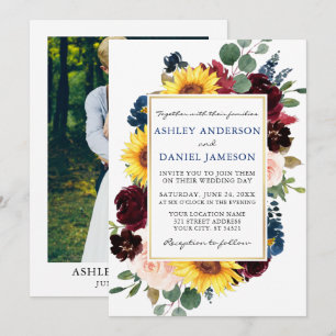 Invitation Aquarelle Floral or Mariage bleu photo