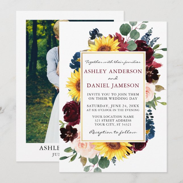 Invitation Aquarelle Floral or Mariage Bourgogne photo (Devant / Derrière)