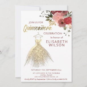 Invitation Aquarelle Floral or paillettes robe Quinceañera