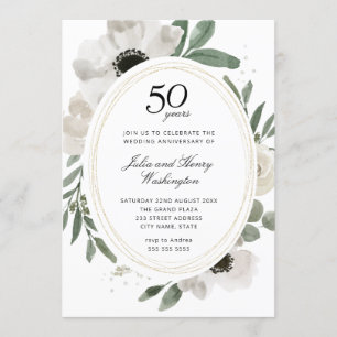 Invitation Aquarelle Floral Or Photo 50e Anniversaire