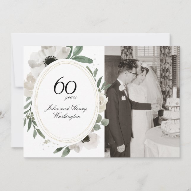 Invitation Aquarelle Floral Or Photo 60e Anniversaire (Devant)
