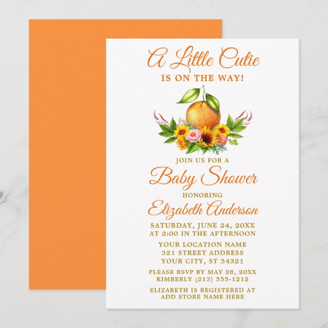 Invitation Aquarelle Floral Orange Baby shower Little Cutie (Devant / Derrière)