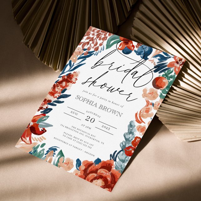 Invitation Aquarelle Floral Orange Fête des mariées bohème (Créateur téléchargé)