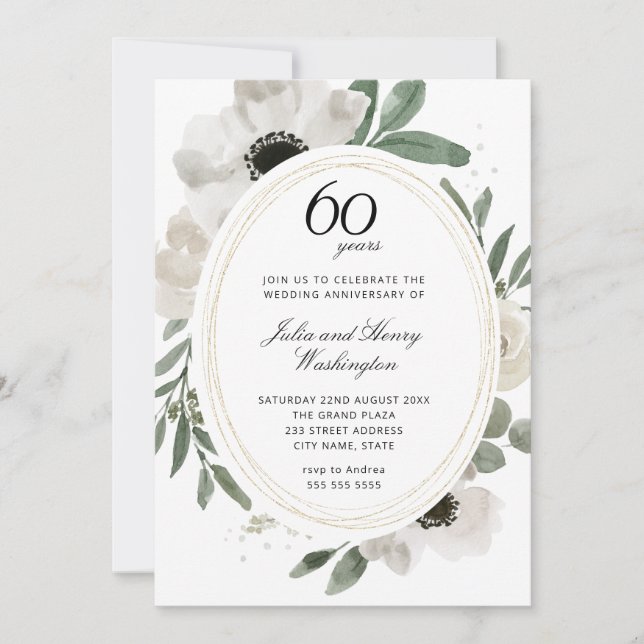 Invitation Aquarelle Floral Pailleté Or 60e Anniversaire (Devant)