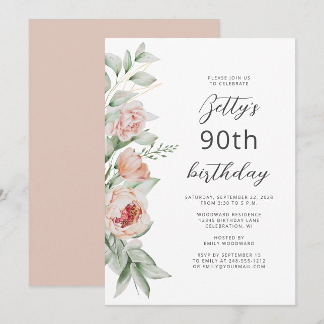 Invitation Aquarelle Floral Peach Blush 90e anniversaire (Devant / Derrière)