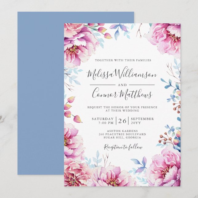 Invitation Aquarelle Floral Pink Peony Mariage (Devant / Derrière)