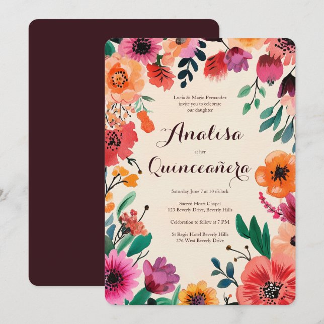 Invitation Aquarelle Floral Quinceañera PERSONNALISÉ (Devant / Derrière)
