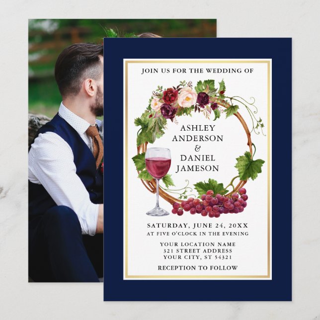 Invitation Aquarelle Floral Raisins Wreath Photo Mariage bleu (Devant / Derrière)