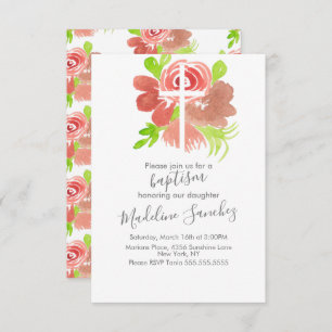 Invitation Aquarelle Floral rose Baptême Dédication
