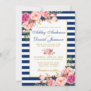 Invitation Aquarelle Floral rose Bleu Bleu Mariage Or W