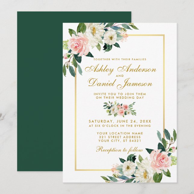 Invitation Aquarelle Floral Rose Blush Blanc Or Mariage G (Devant / Derrière)